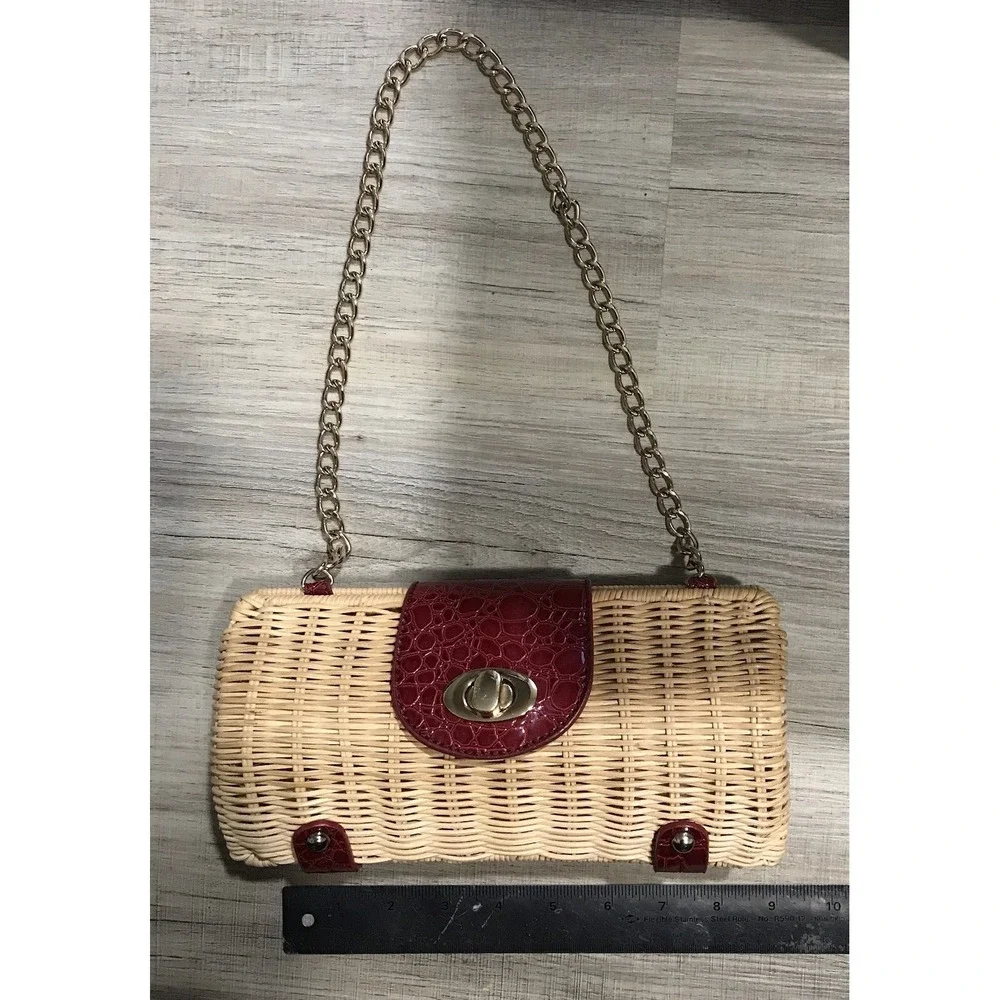 Vintage Straw Woven Handbag Red Leather Accents with Gold Chain